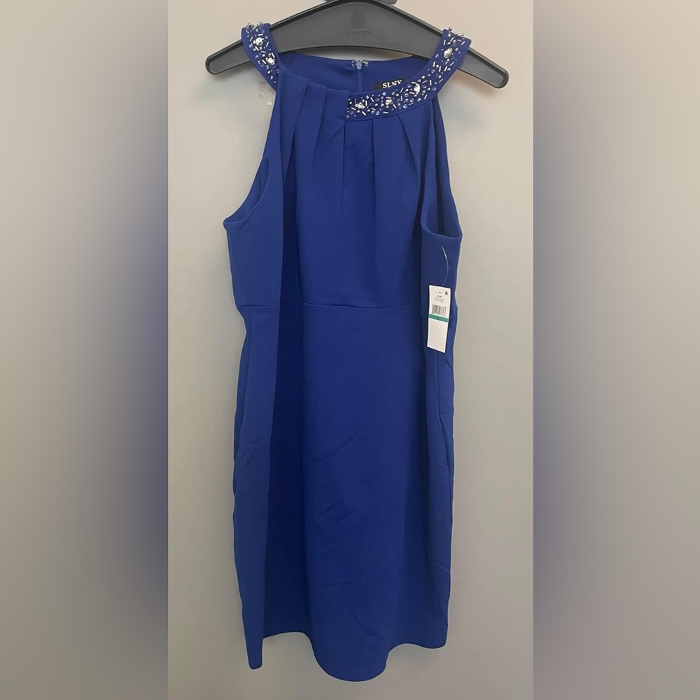 NWT SLNY Royal Blue Beaded Halter Neck Dress 16